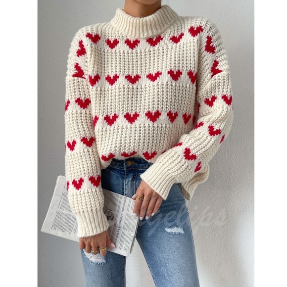 Hearts Print Red on Beige Knit Pullover Sweater Long Sleeve - Picture 4 of 16